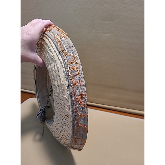 Vintage Straw Hat Woven With Design Embroidered‎ Orange Yellow Small 7" Opening - Picture 14 of 16